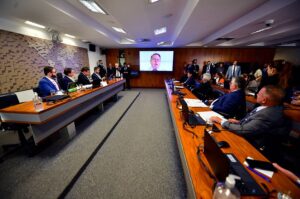 Tagliaferro (no telão) falou à comissão do Senado Fonte: Agência Senado