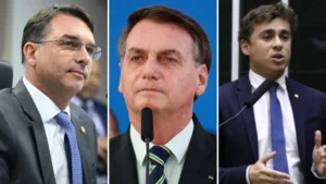 Flávio Bolsonaro, Jair Bolsonaro e Nikolas Ferreira Fotos: Andressa Anholete/Agência Senado | Alan Santos/PR | Kayo Magalhães / Câmara dos Deputados