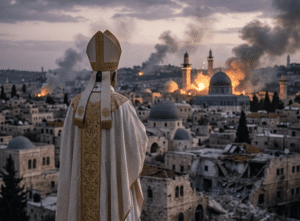 Papa assistindo Jerusalém sendo bombardeada. - Foto: Imagem Gerada por IA