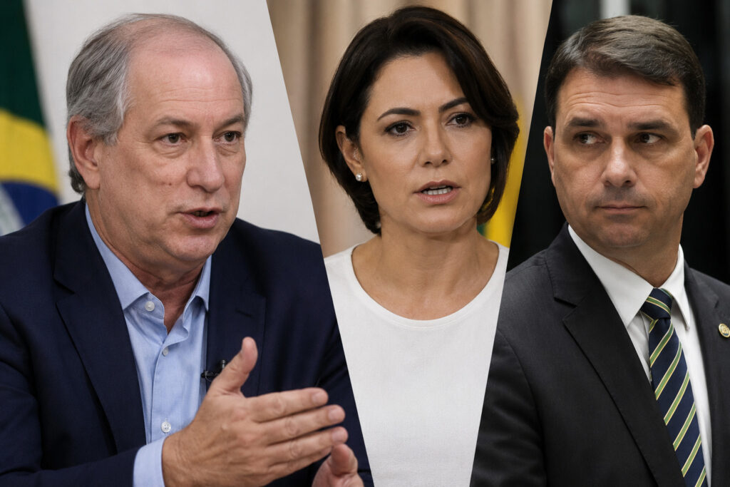 Ciro Nogueira, Michelle Bolsonaro e Flávio Bolsonaro - Foto: IA