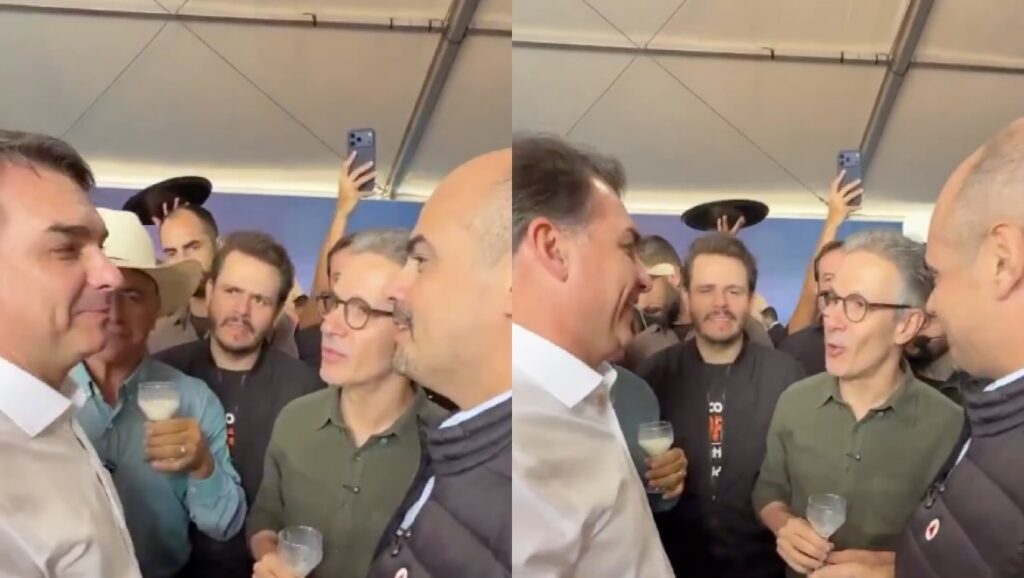Flávio e Zema brindam com leite em evento Foto: Reprodução/ Print de vídeo redes sociais